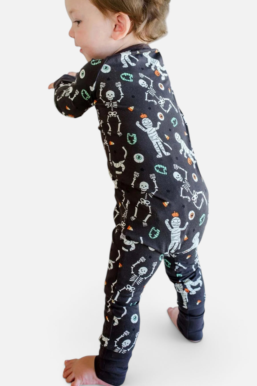 Caden Lane Halloween Glow-in-the-Dark Convertible Bamboo Zip Romper in Eye Want Candy – detail