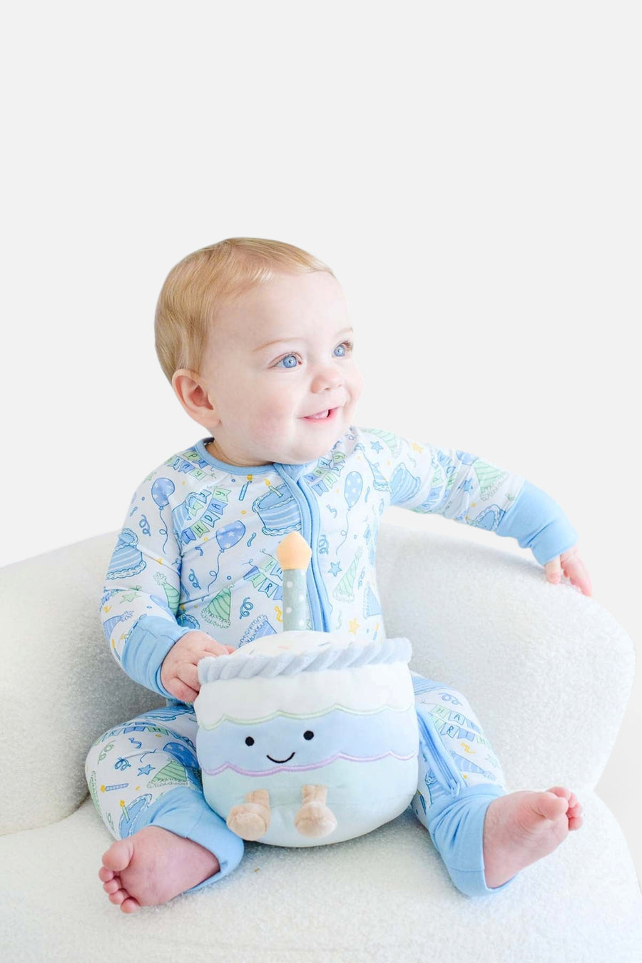 Caden Lane Kids' Bamboo Convertible Zipper Romper in Birthday Bash Blue – on model