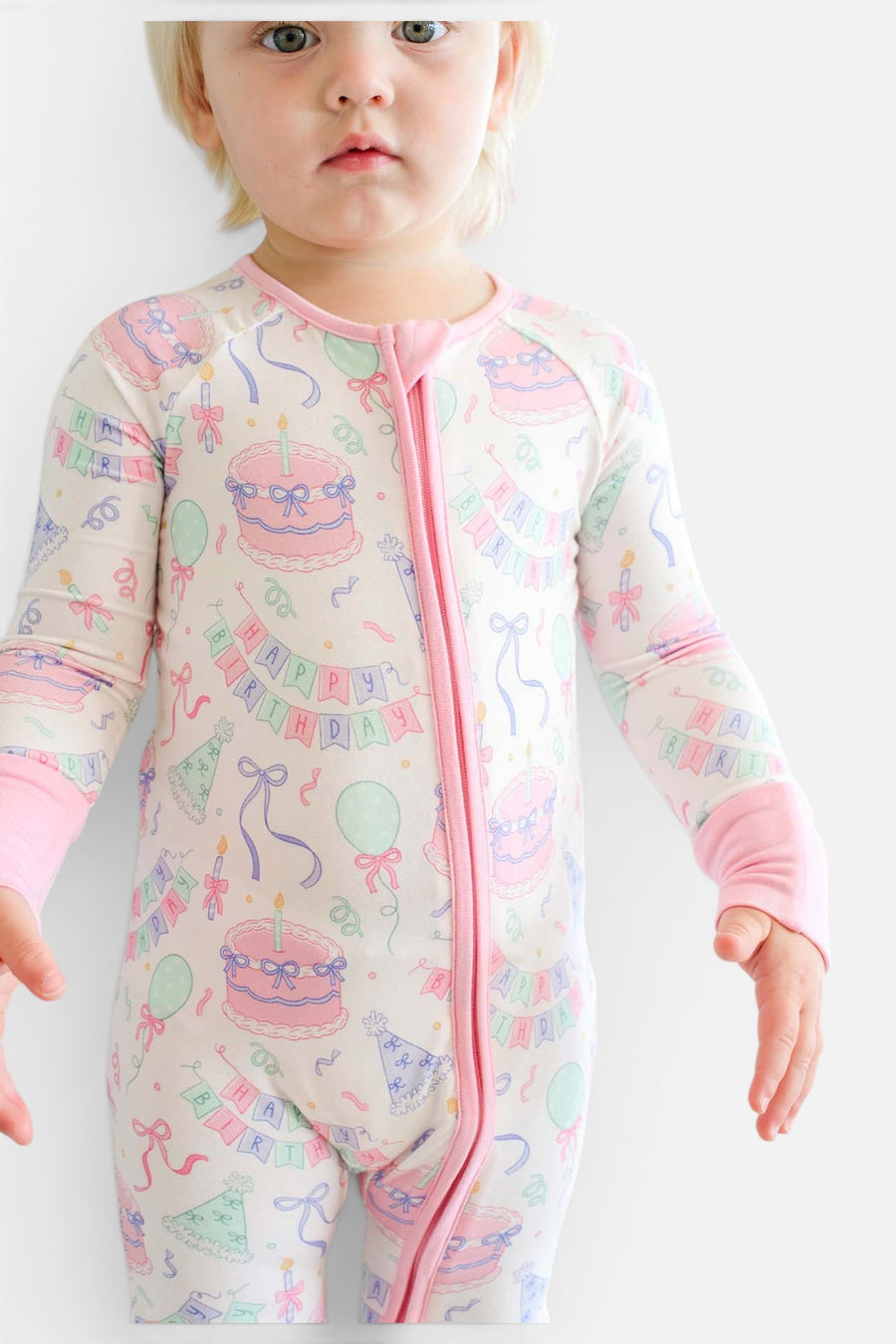 Caden Lane Kids' Bamboo Convertible Zipper Romper in Birthday Bash Pink – detail