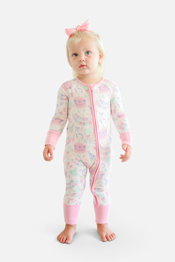 Caden Lane Kids' Bamboo Convertible Zipper Romper in Birthday Bash Pink