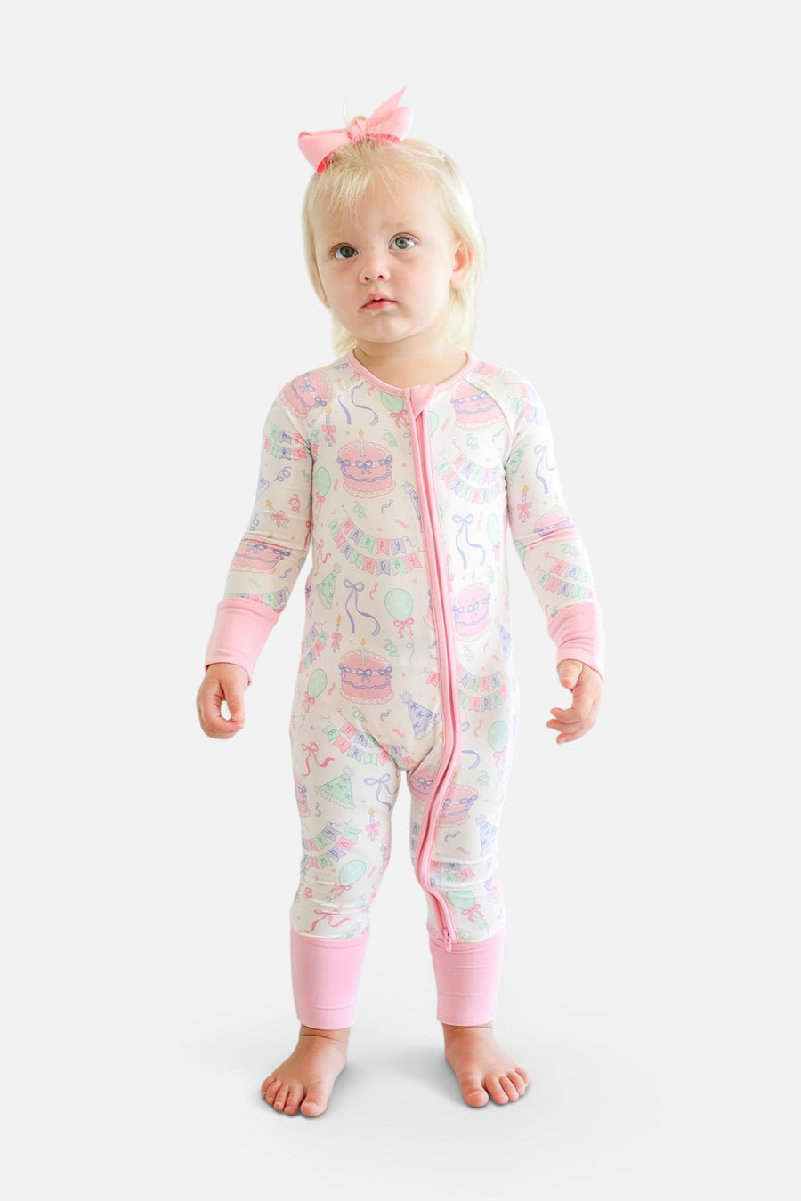 Caden Lane Kids' Bamboo Convertible Zipper Romper in Birthday Bash Pink – front view