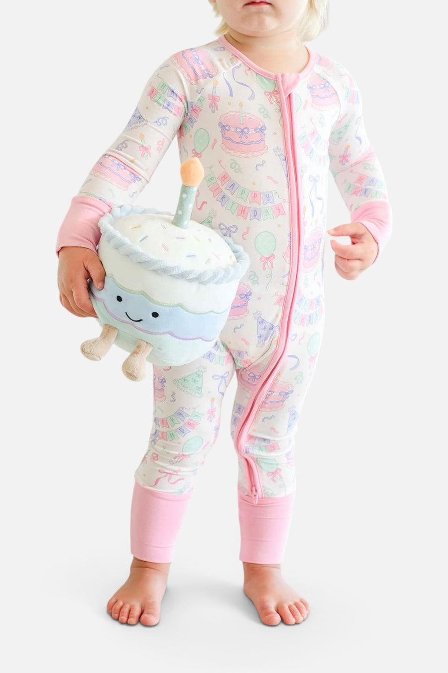 Caden Lane Kids' Bamboo Convertible Zipper Romper in Birthday Bash Pink – on model