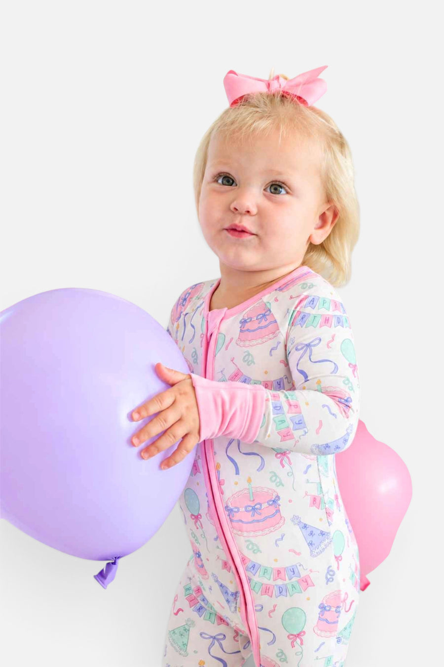 Caden Lane Kids' Bamboo Convertible Zipper Romper in Birthday Bash Pink – on model