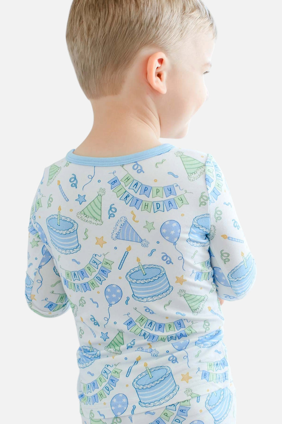 Caden Lane Kids' Two-Piece Bamboo Pajamas in Birthday Bash Blue – back view
