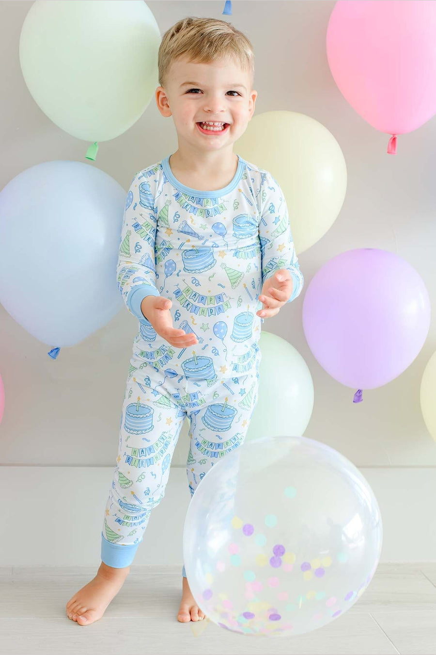 Caden Lane Kids' Two-Piece Bamboo Pajamas in Birthday Bash Blue – front view