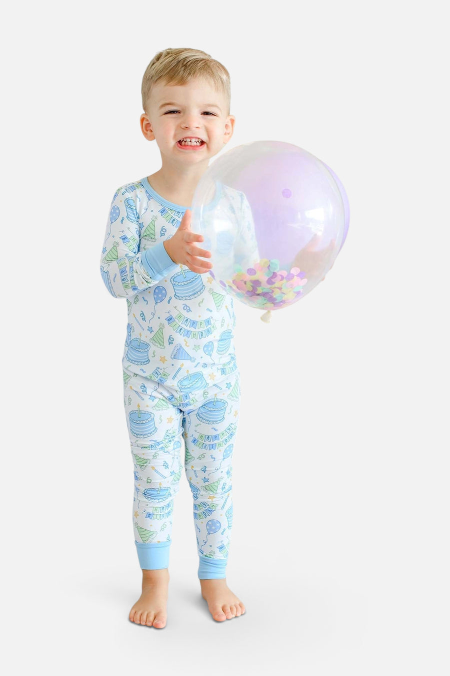 Caden Lane Kids' Two-Piece Bamboo Pajamas in Birthday Bash Blue – on model
