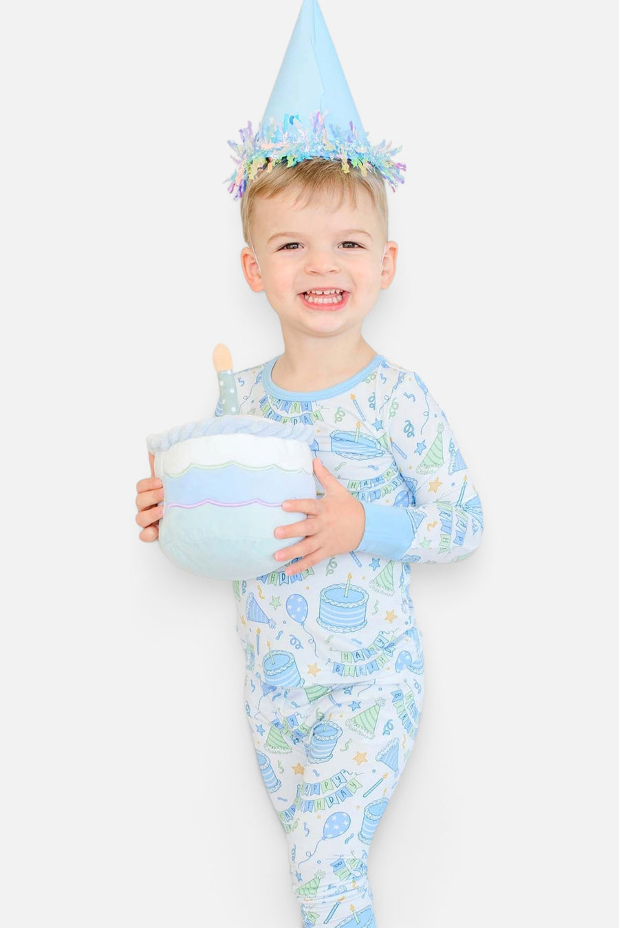 Caden Lane Kids' Two-Piece Bamboo Pajamas in Birthday Bash Blue – on model