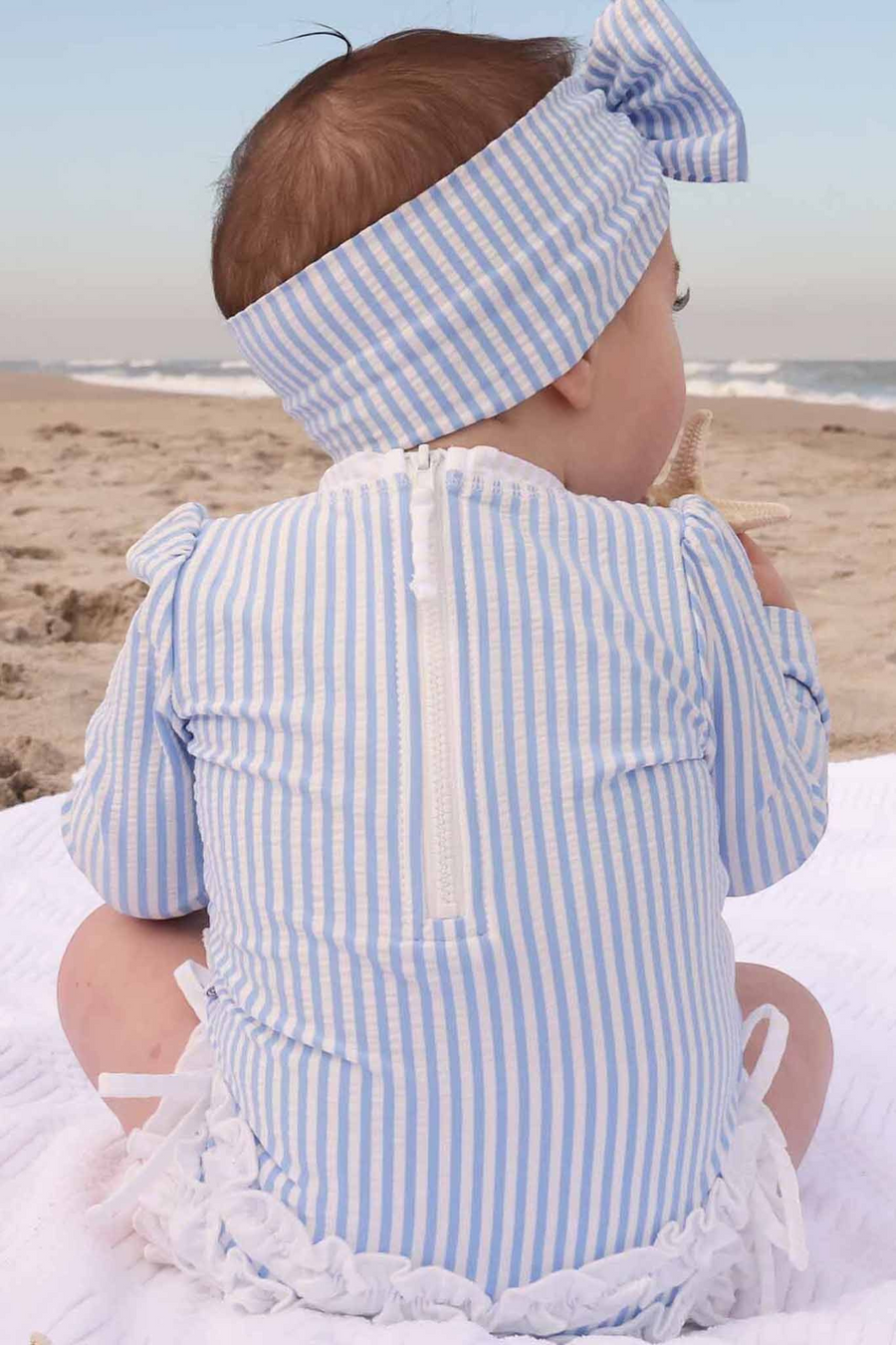 Caden Lane Long Sleeve Rash Guard with Ruffle Bottom in Seersucker Blue – alternate