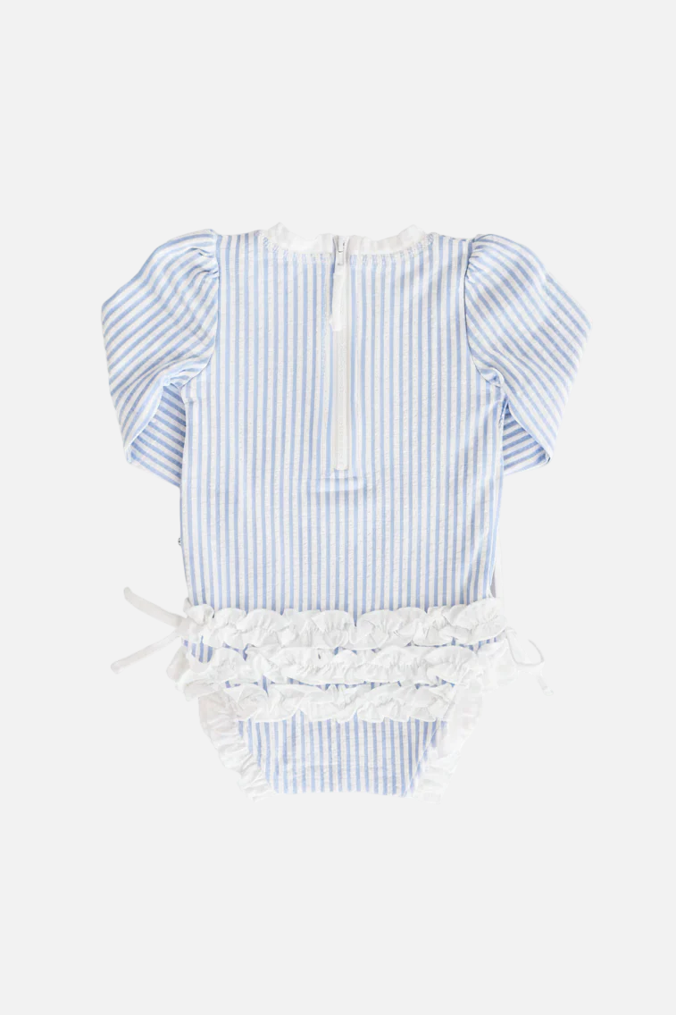Caden Lane Long Sleeve Rash Guard with Ruffle Bottom in Seersucker Blue – alternate