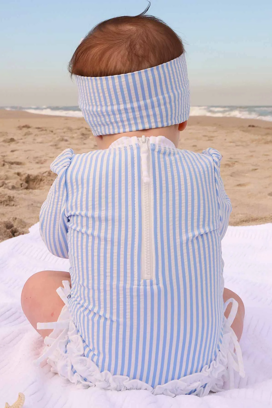 Caden Lane Long Sleeve Rash Guard with Ruffle Bottom in Seersucker Blue – alternate