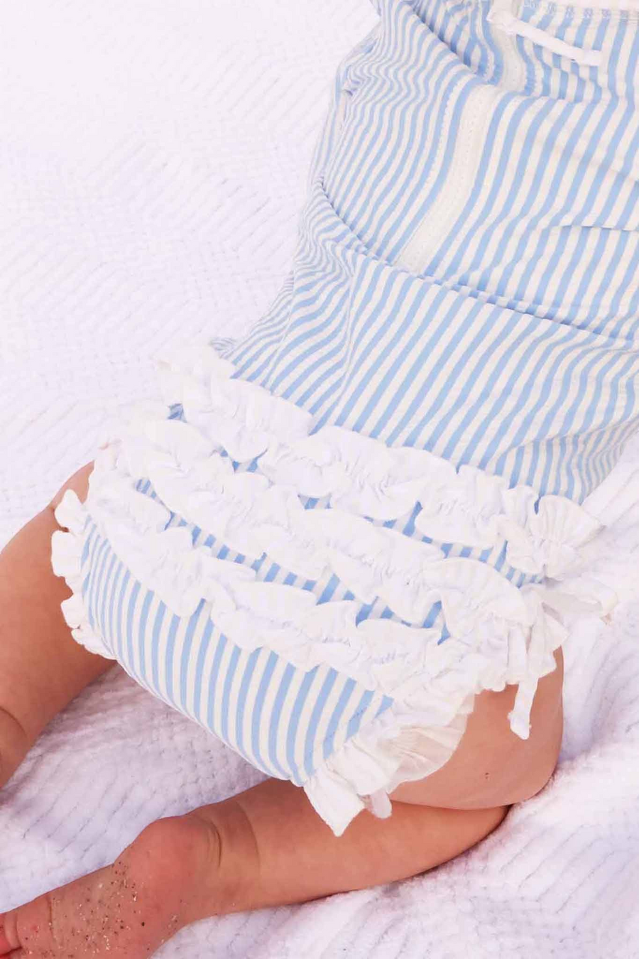 Caden Lane Long Sleeve Rash Guard with Ruffle Bottom in Seersucker Blue – detail