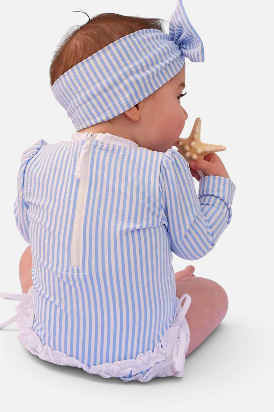 Caden Lane Long Sleeve Rash Guard with Ruffle Bottom in Seersucker Blue – flat lay
