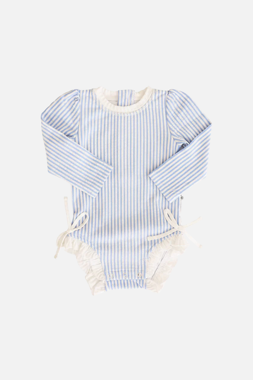 Caden Lane Long Sleeve Rash Guard with Ruffle Bottom in Seersucker Blue – side view