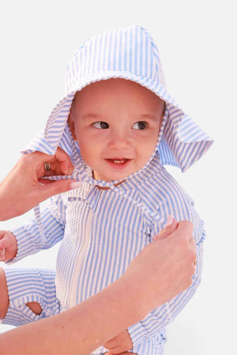 Caden Lane Long Sleeve Swim Romper in Blue Seersucker – alternate