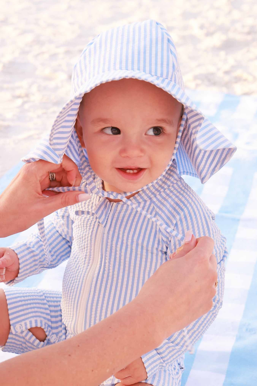 Caden Lane Long Sleeve Swim Romper in Blue Seersucker – alternate