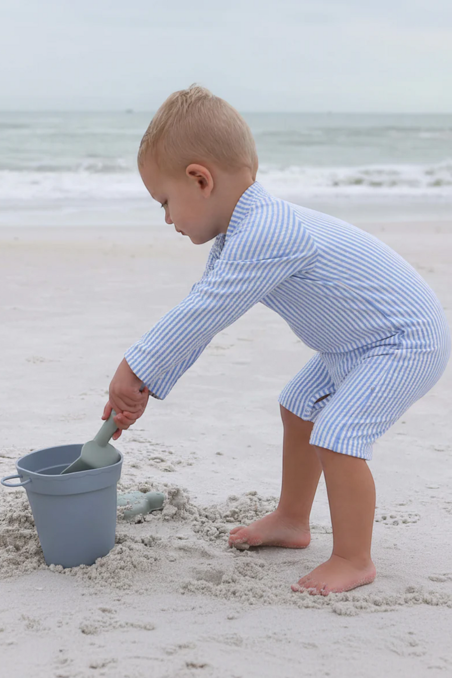 Caden Lane Long Sleeve Swim Romper in Blue Seersucker – alternate
