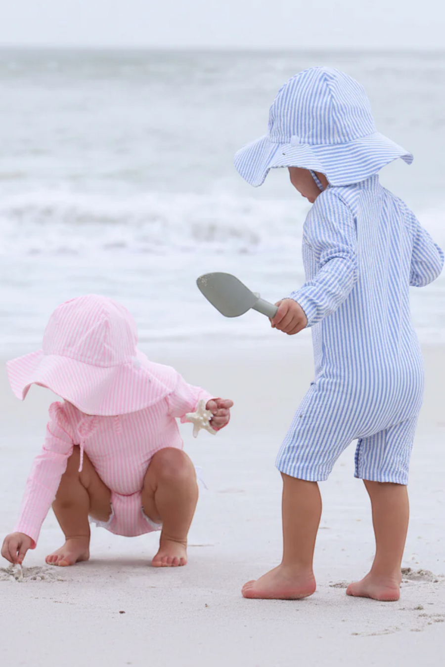 Caden Lane Long Sleeve Swim Romper in Blue Seersucker – alternate