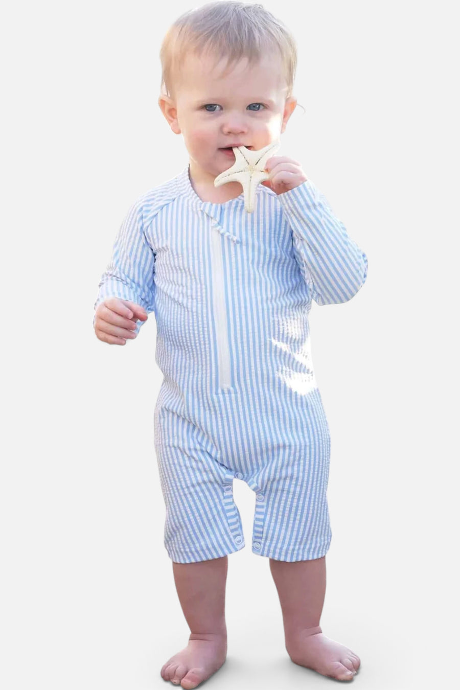 Caden Lane Long Sleeve Swim Romper in Blue Seersucker – alternate