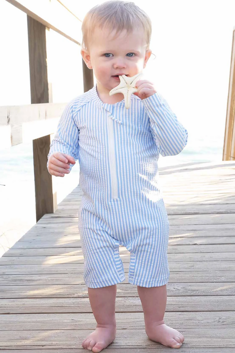 Caden Lane Long Sleeve Swim Romper in Blue Seersucker – alternate