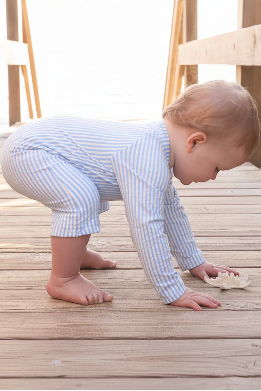 Caden Lane Long Sleeve Swim Romper in Blue Seersucker – alternate