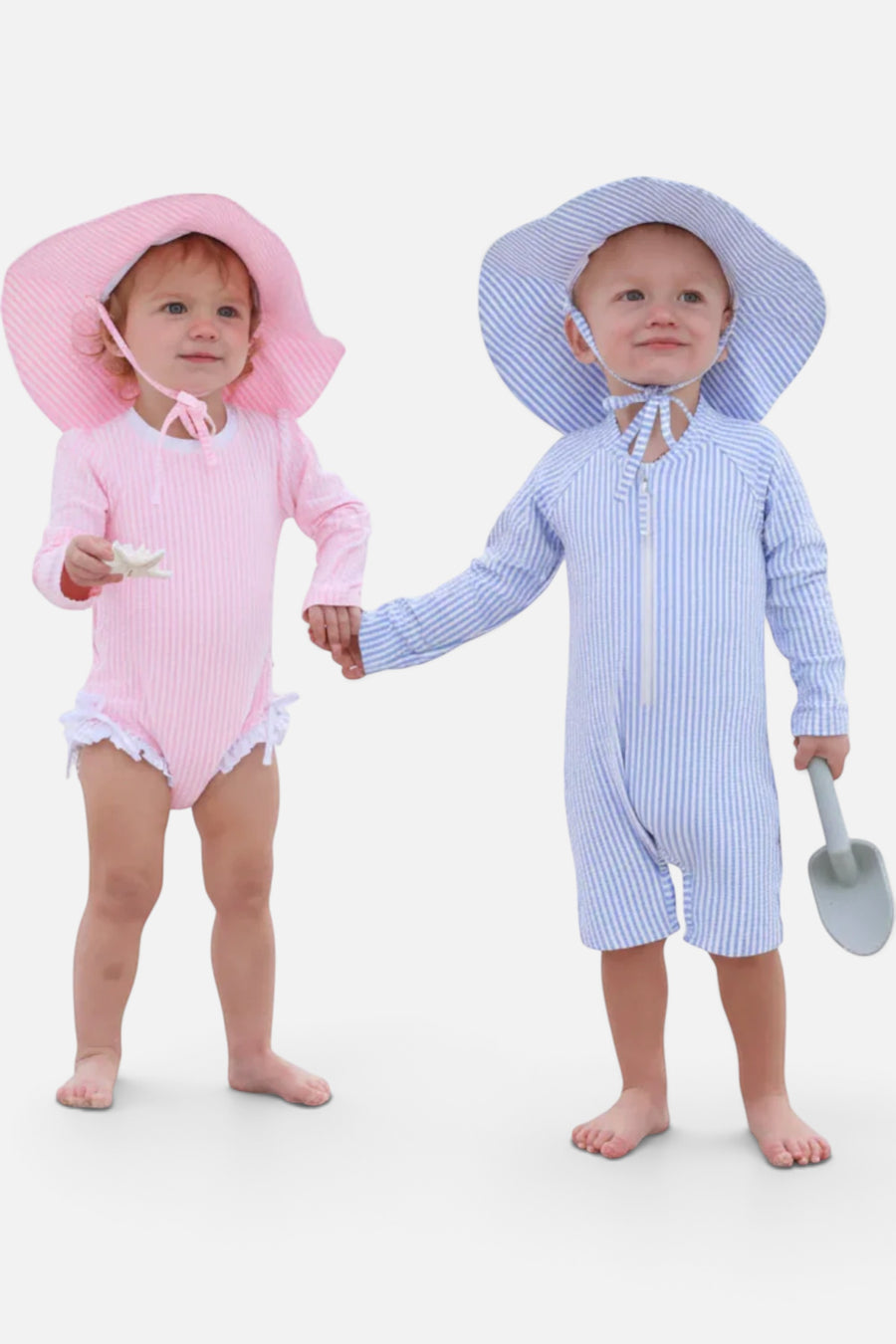 Caden Lane Long Sleeve Swim Romper in Blue Seersucker – alternate