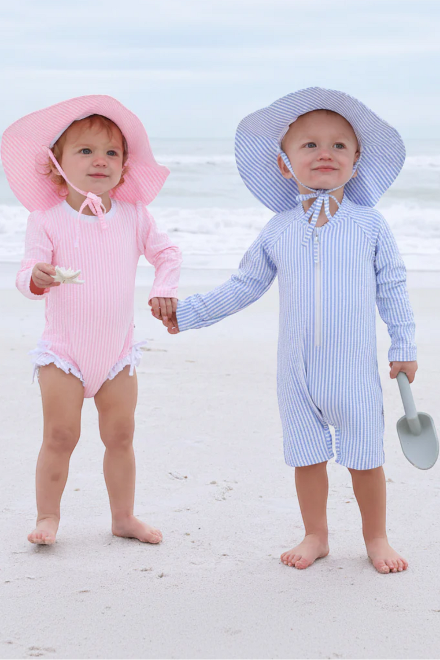 Caden Lane Long Sleeve Swim Romper in Blue Seersucker – alternate