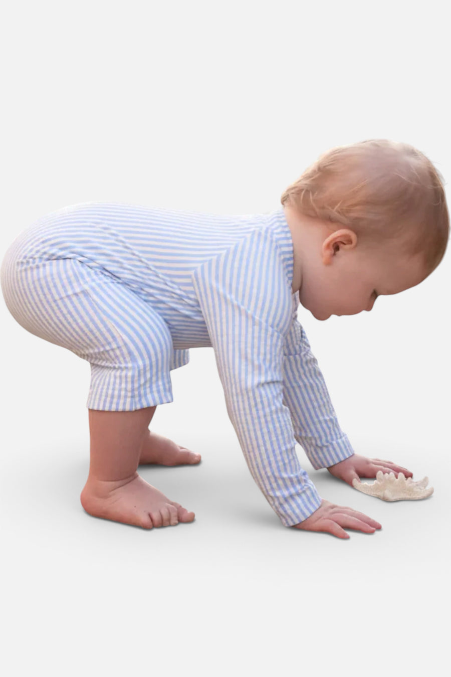 Caden Lane Long Sleeve Swim Romper in Blue Seersucker – alternate