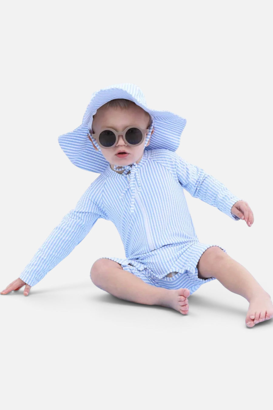 Caden Lane Long Sleeve Swim Romper in Blue Seersucker – back view