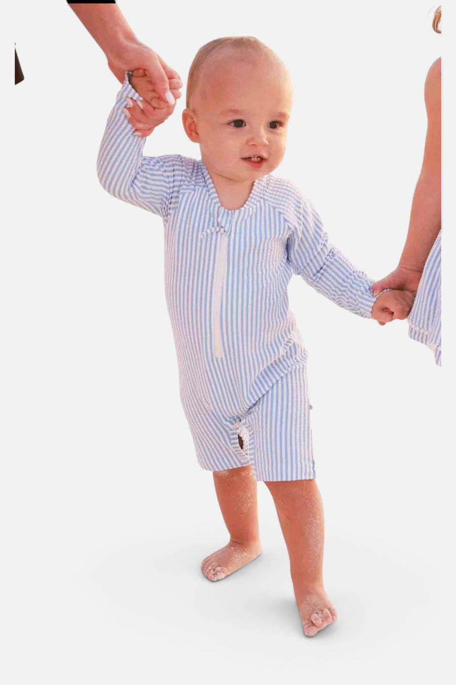 Caden Lane Long Sleeve Swim Romper in Blue Seersucker – flat lay