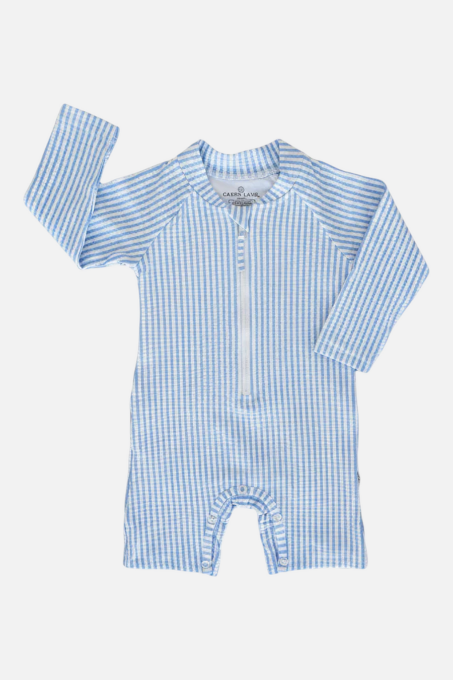 Caden Lane Long Sleeve Swim Romper in Blue Seersucker – side view