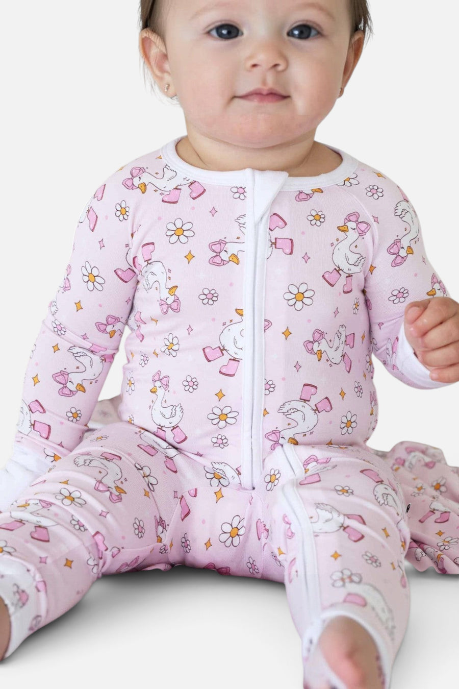 Caden Lane Silly Goose Convertible Zip Romper in Pink – back view