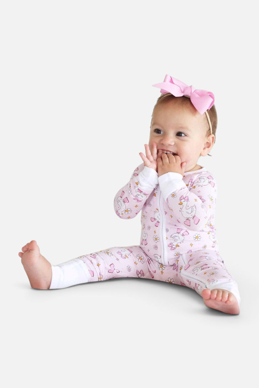 Caden Lane Silly Goose Convertible Zip Romper in Pink – side view