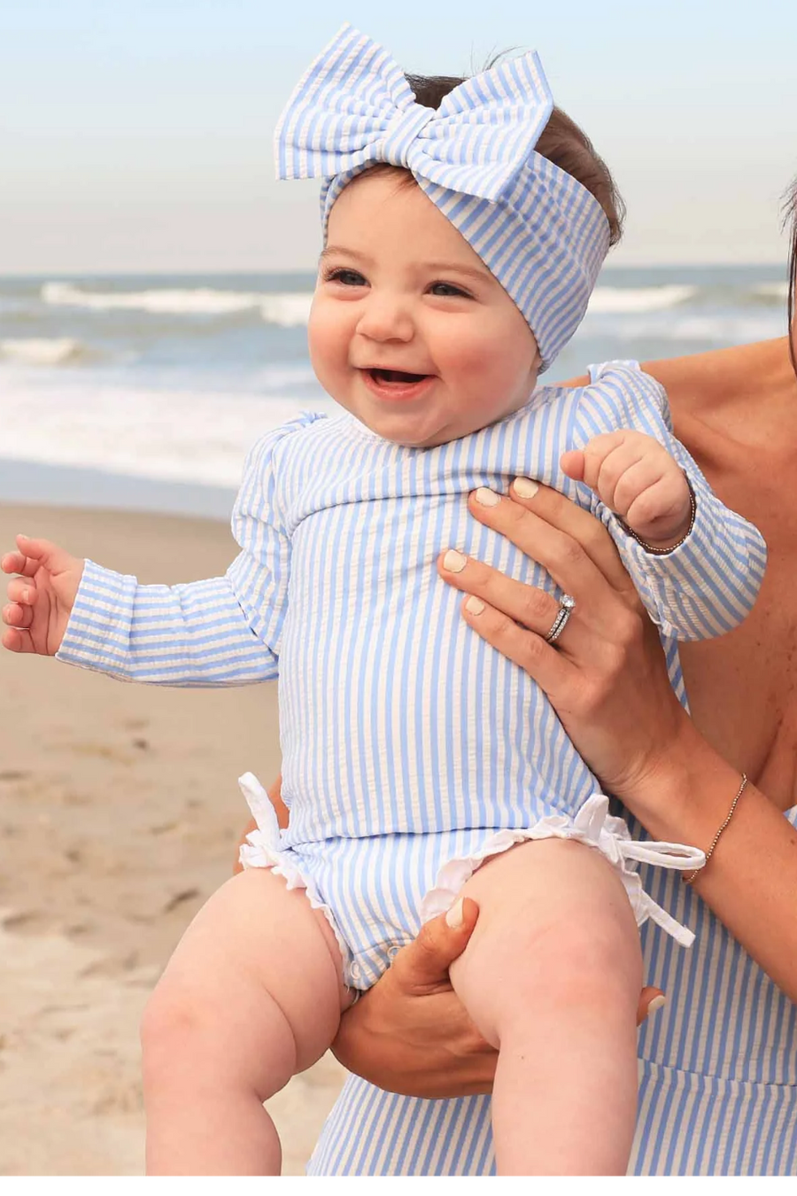 Caden Lane Swim Bow in Seersucker Blue – flat lay