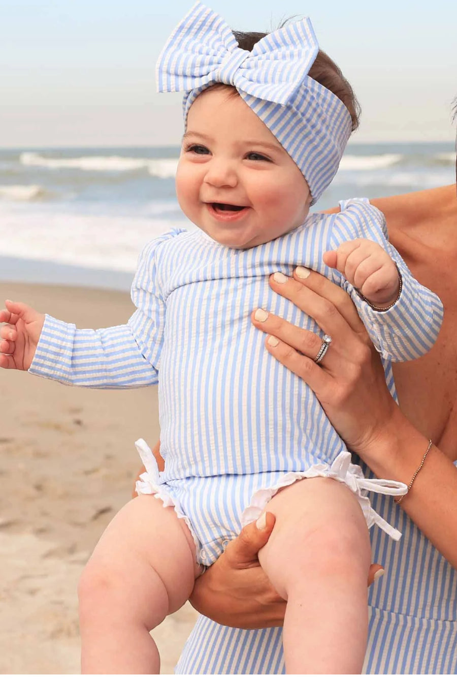 Caden Lane Swim Bow in Seersucker Blue – flat lay