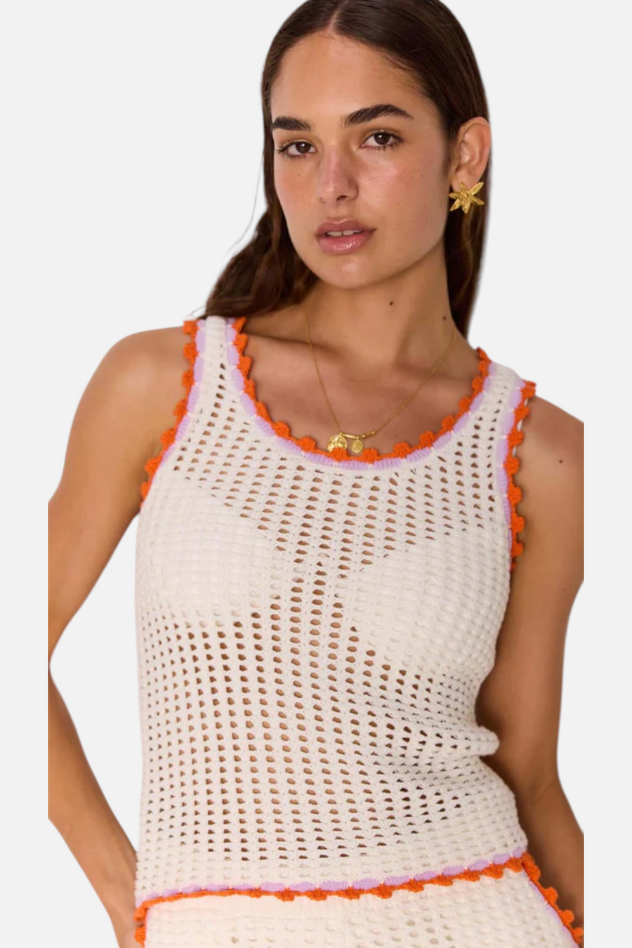 Minkpink Women's Cali White Cotton Knit Top with Scallop Contrast Edge