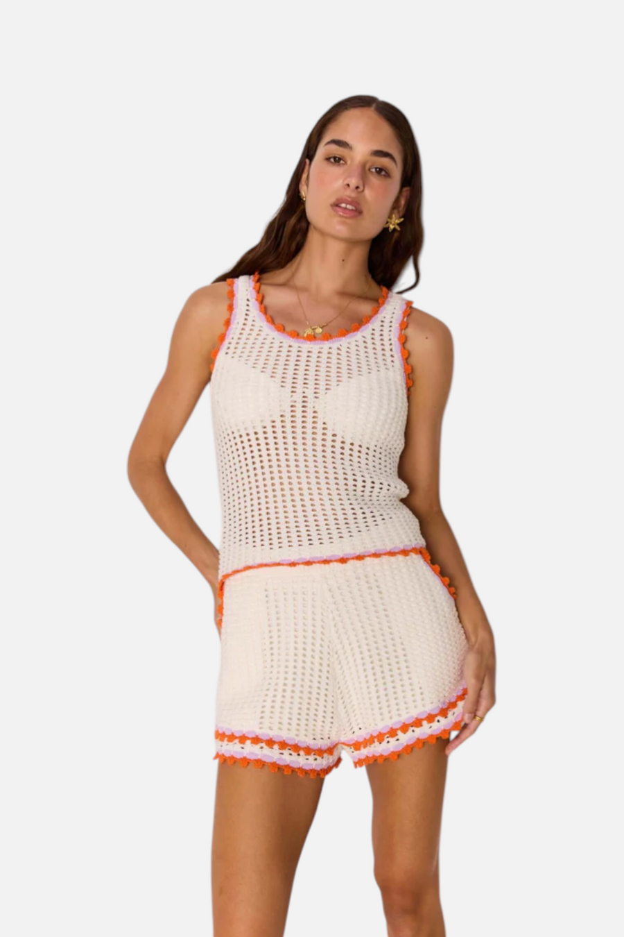 Minkpink Women's Cali White Cotton Knit Top with Scallop Contrast Edge