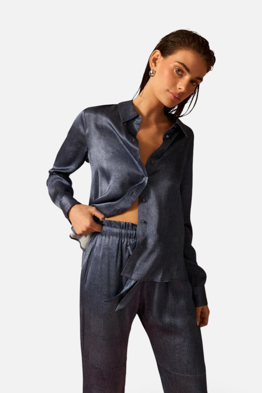 Cami NYC Crosby Silk Blouse Raw Denim – back view