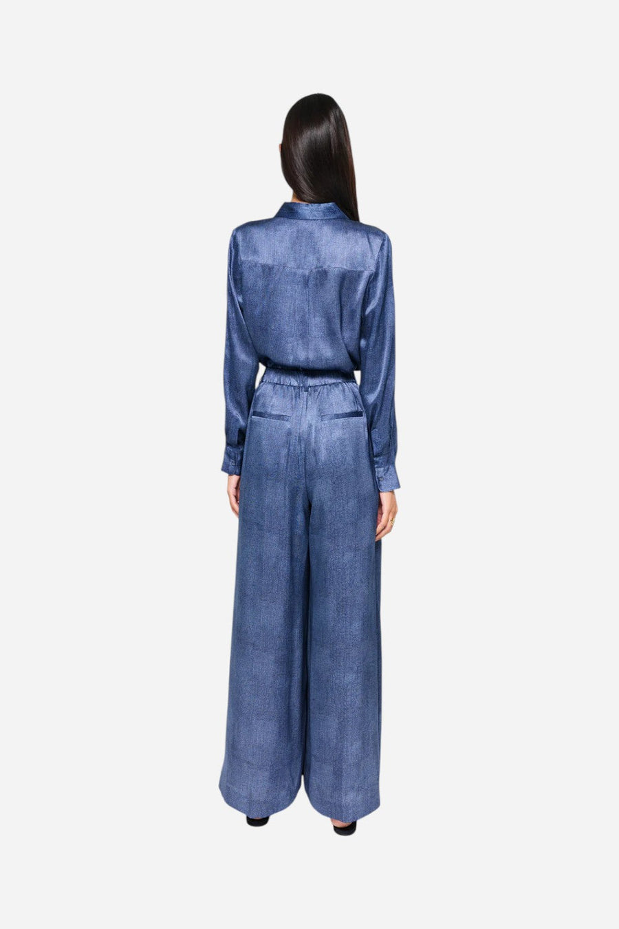 Cami NYC Crosby Silk Blouse Raw Denim – flat lay