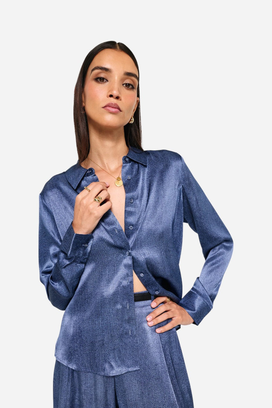 Cami NYC Crosby Silk Blouse Raw Denim – front view