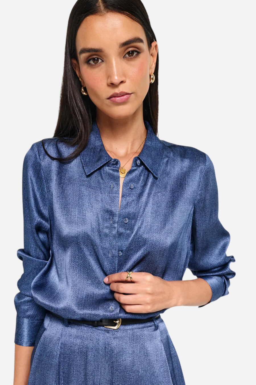 Cami NYC Crosby Silk Blouse Raw Denim – side view