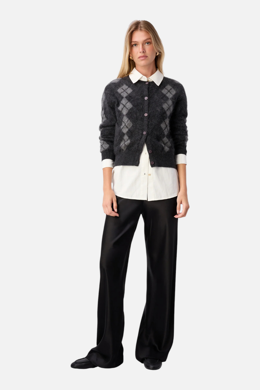 Cami NYC Dorian Cashmere Cardigan in Gray Argyle – front view
