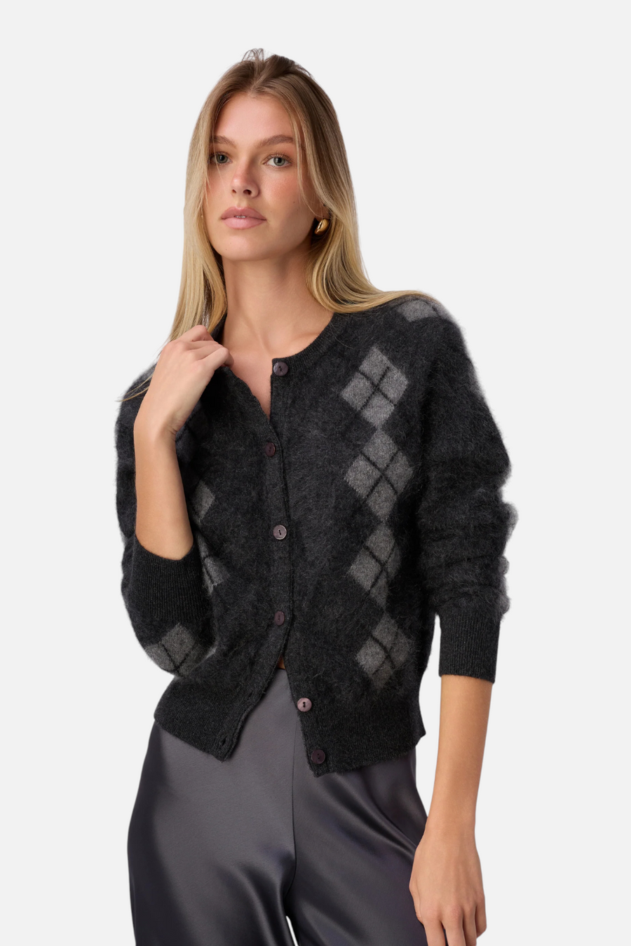 Cami NYC Dorian Cashmere Cardigan in Gray Argyle – side view