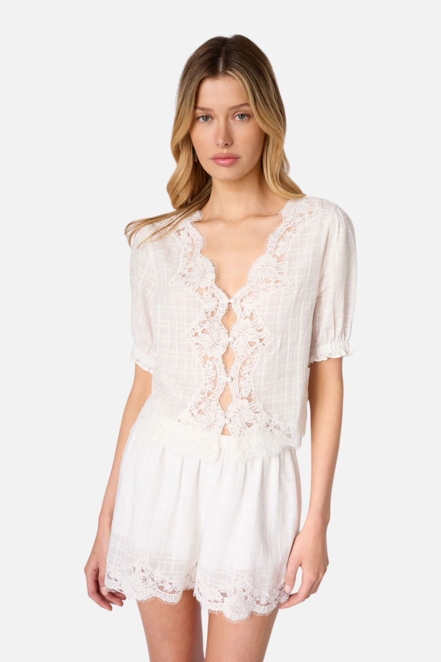 Cami NYC Junie Cotton Plaid Top in White – front view
