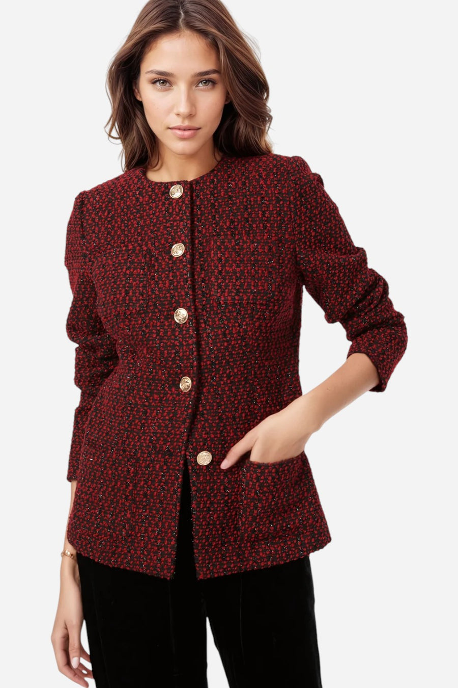 Cami NYC Wrenley Metallic Tweed Jacket Red – front view