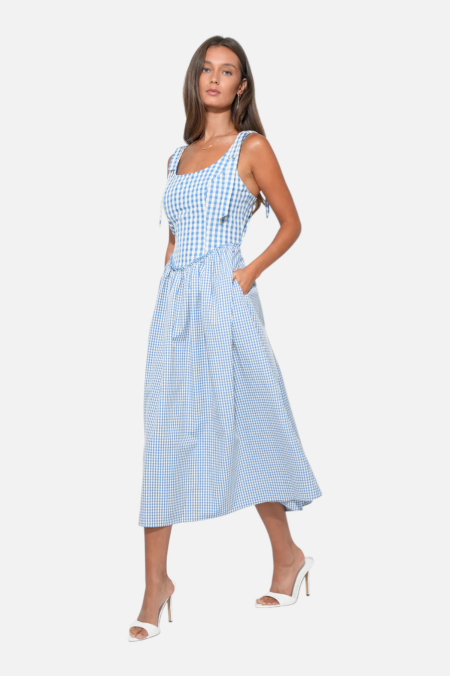 Adelyn Rae Camila Bow Straps Gingham Midi Dress