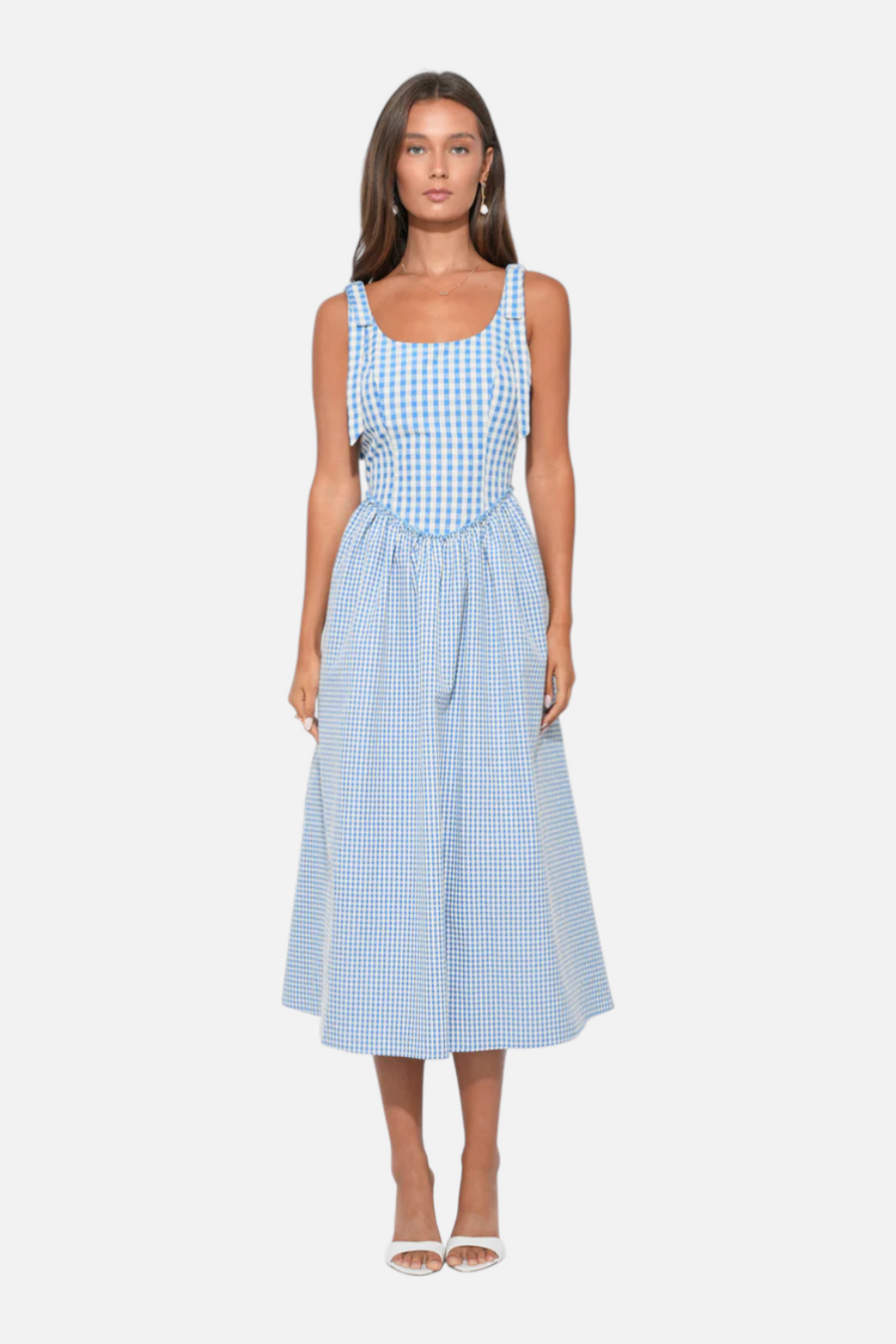 Adelyn Rae Camila Bow Straps Gingham Midi Dress