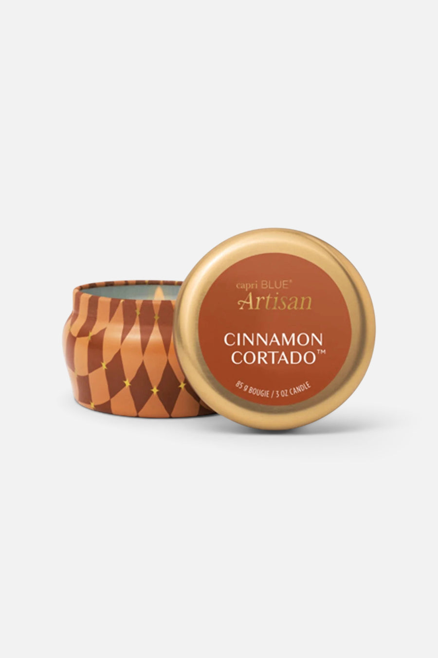 Capri Blue Cinnamon Cortado Artisan Winter Bazaar Mini Tin Candle – front view