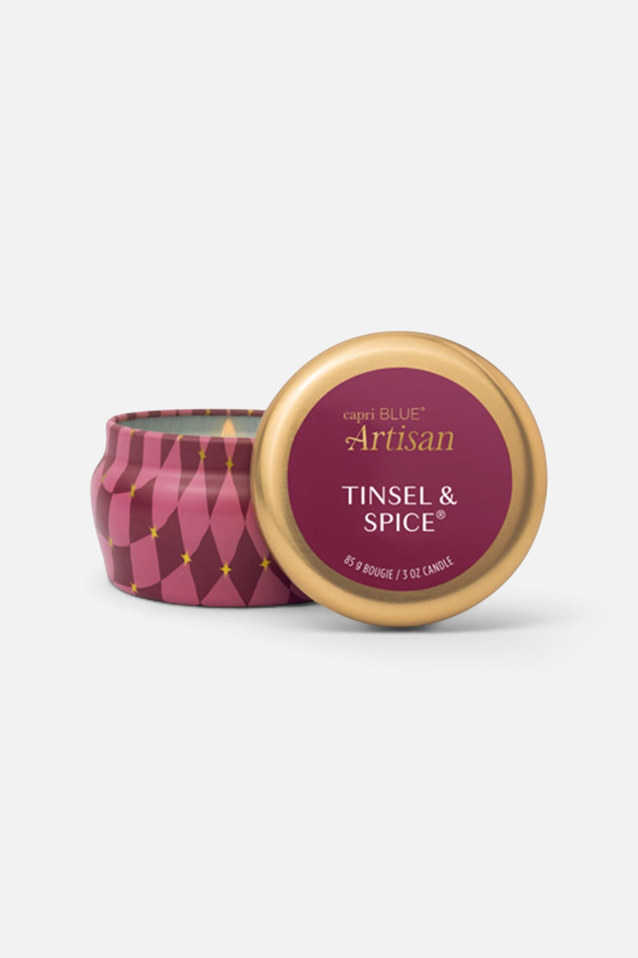 Capri Blue Tinsel & Spice Artisan Winter Bazaar Mini Tin Candle – front view