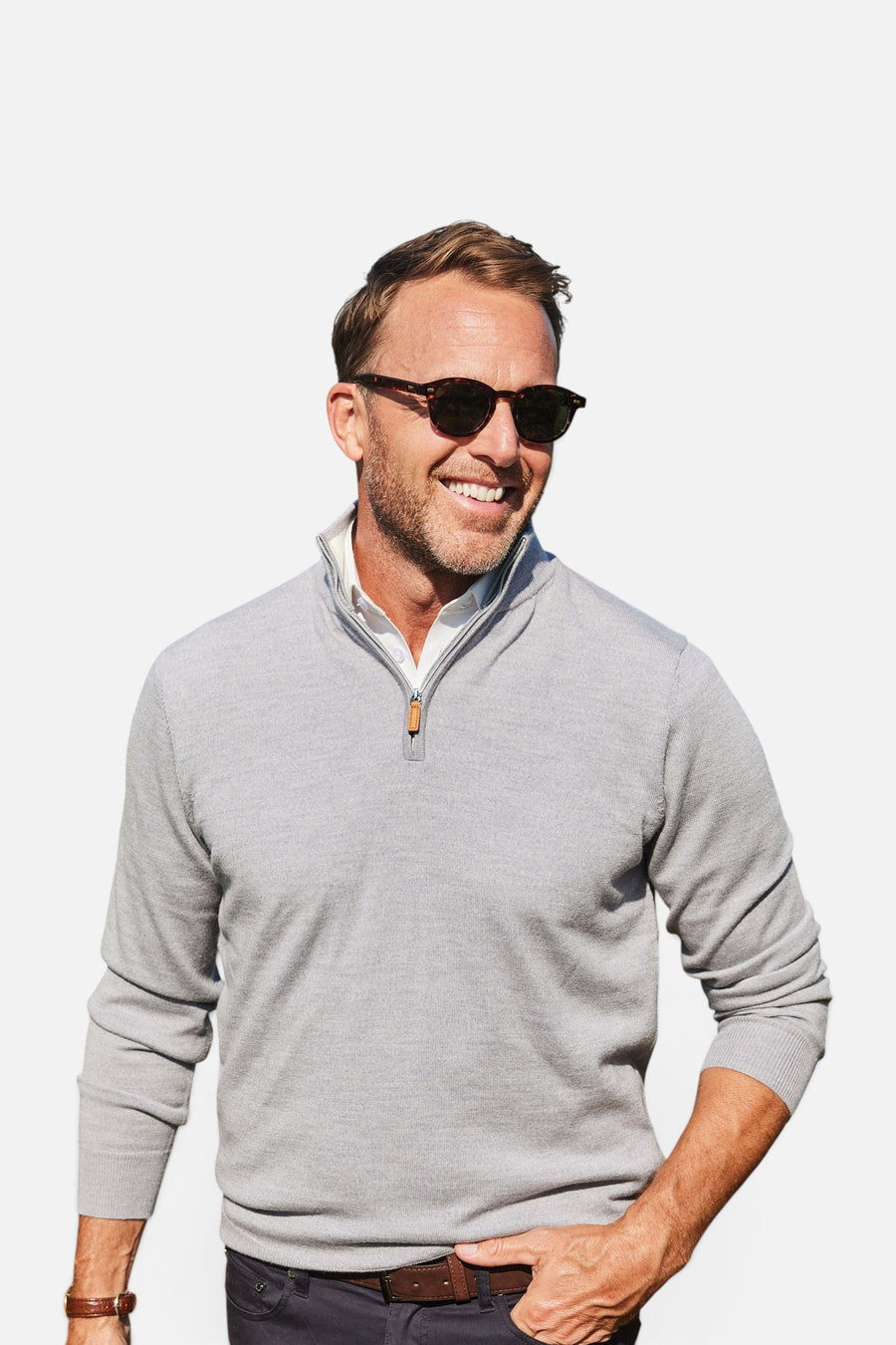 Cashmere Touch Australian Merino Quarter Zip in Grey Melange – front view
