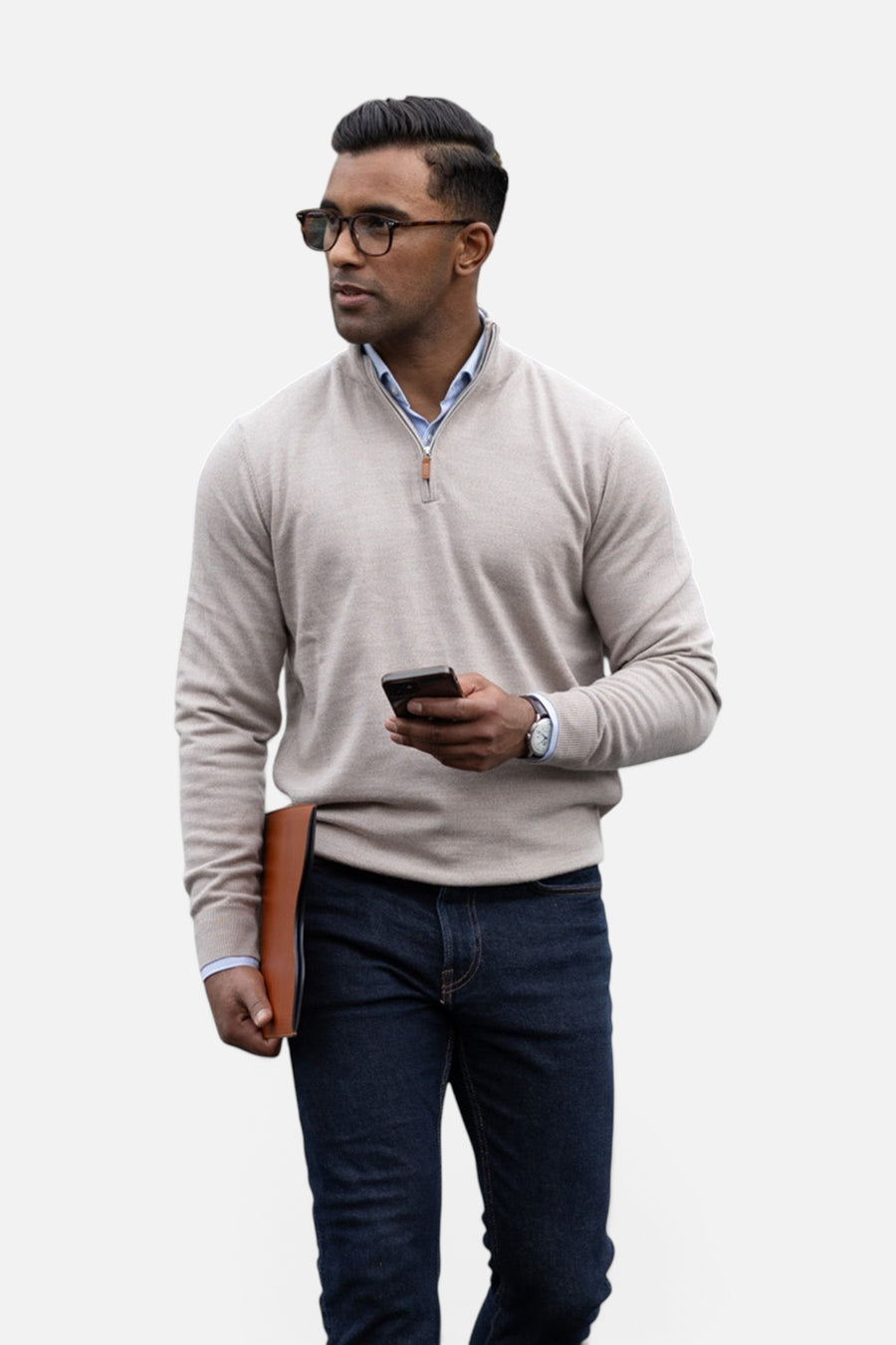 Cashmere Touch Australian Merino Quarter Zip in Oatmeal – back view